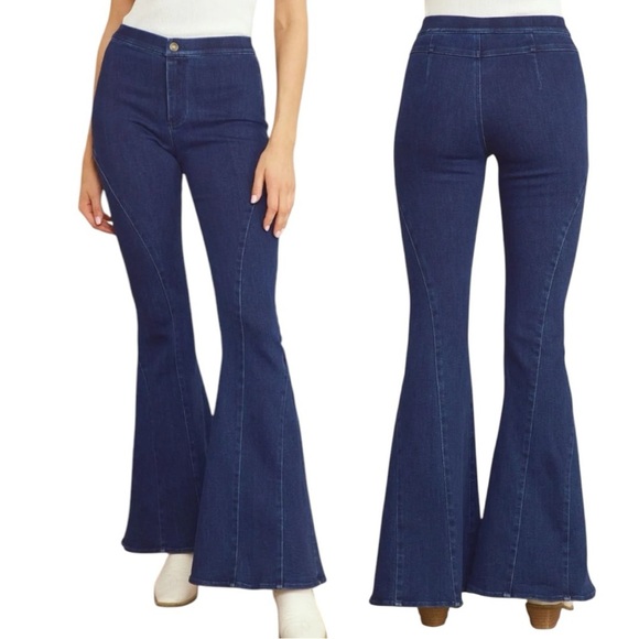 ENTRO High Waisted Retro Extreme Wide Flare Leg Denim Stretch Jeans Size Small - Picture 1 of 9